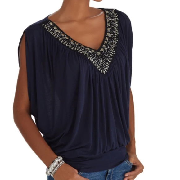 WHBM BLUE EMBELLISHED NECK BLOUSON TOP BLOUSE - Picture 1 of 7